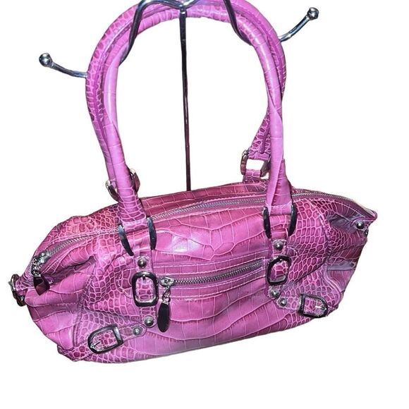 Jennifer Scott Fuchsia Leather Crocodile Print Handbag - Picture 2 of 6